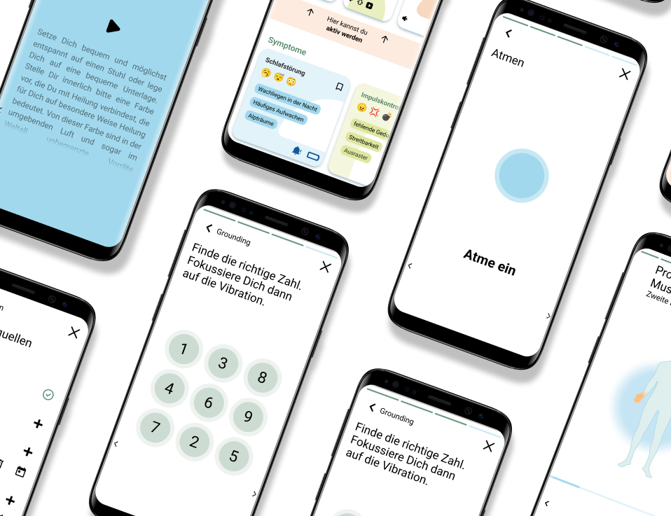 Mehrere Mobiltelefone nebeneinander mit verschiedenen Screenshots der App