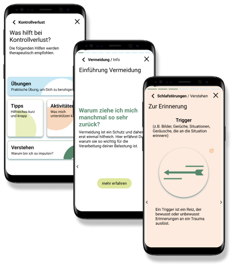 Mehrere Mobiltelefone nebeneinander mit verschiedenen Screenshots der App