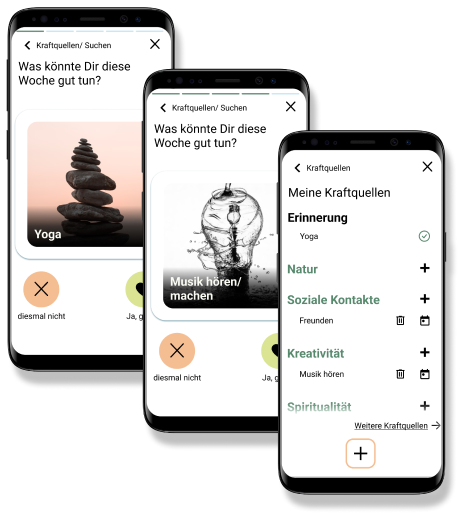 Mehrere Mobiltelefone nebeneinander mit verschiedenen Screenshots der App